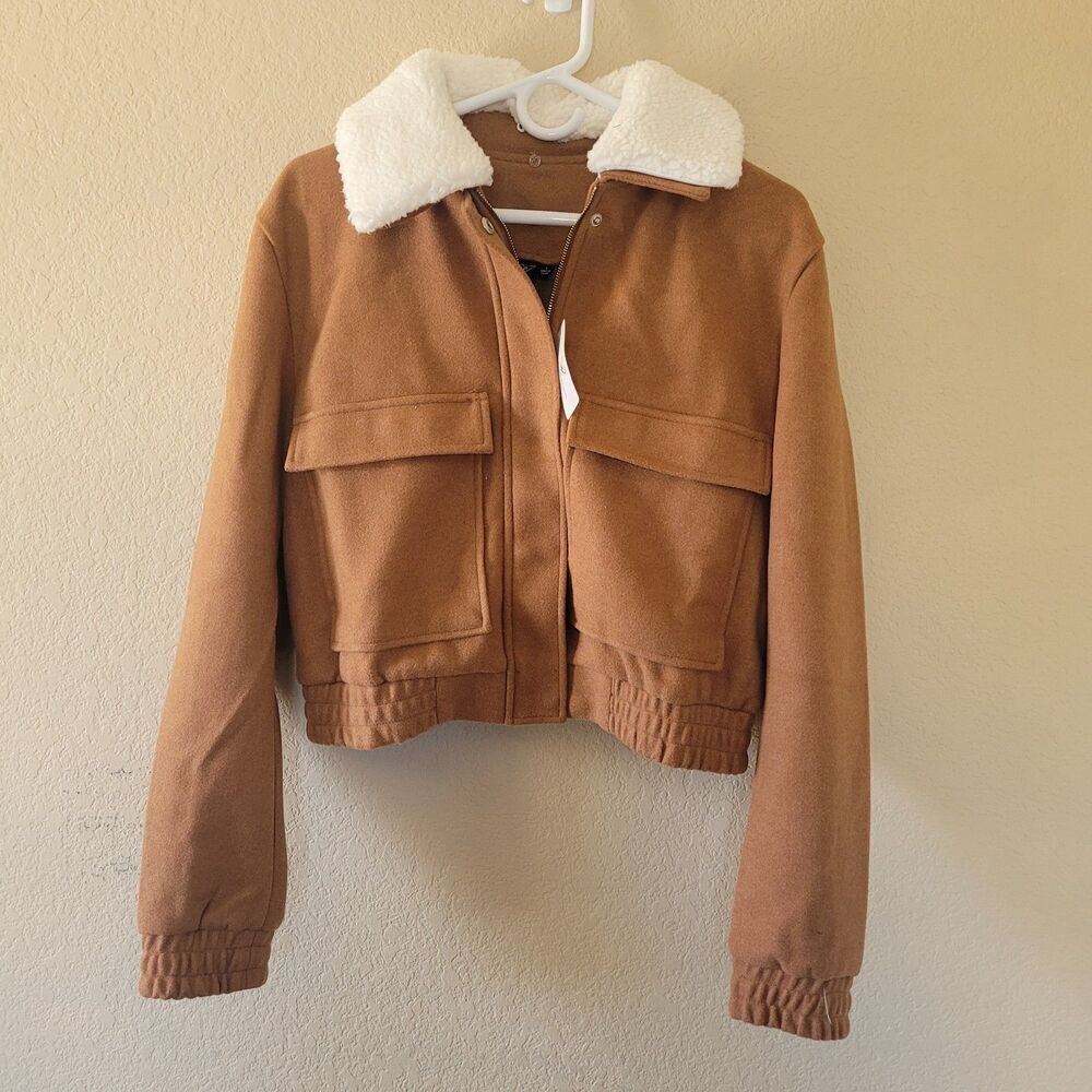 Windsor Brown Boxy Sherpa Winter Full Zip Jacket Womens Size Large Pockets Nwt